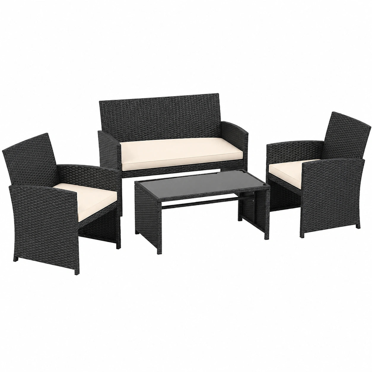 Gartenmöbel – für 4 Personen, aus Glas, Schwarz und Beige, für Garten und Balkon