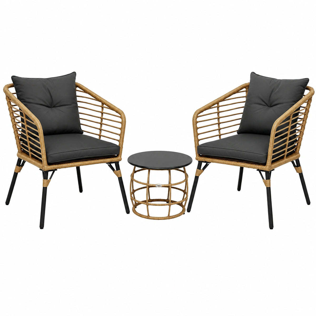 Gartenmöbel – 3-teilig, aus Rattan und Stahl, Dunkelgrau, für Terrasse und Balkon